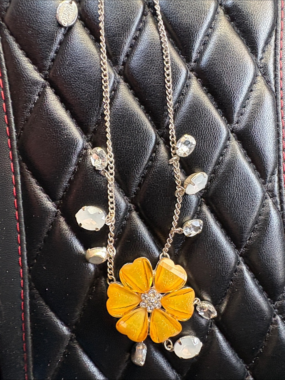 Claire's Yellow Flower Pendant Necklace with Clear Gem Accents